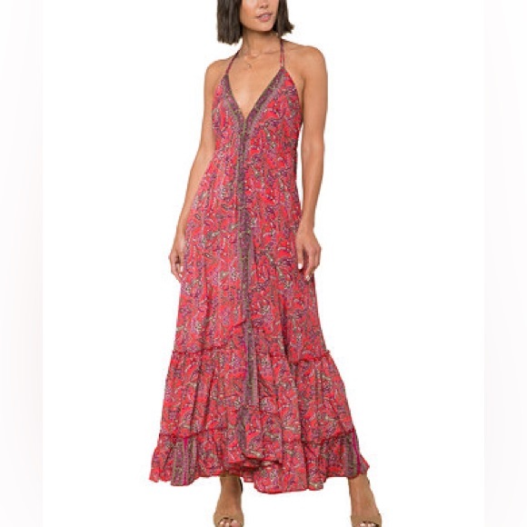 Anthropologie Dresses & Skirts - Anthropologie RAGA Open Back Maxi Dress Halter Top Red Paisley Ruffle Tassel M